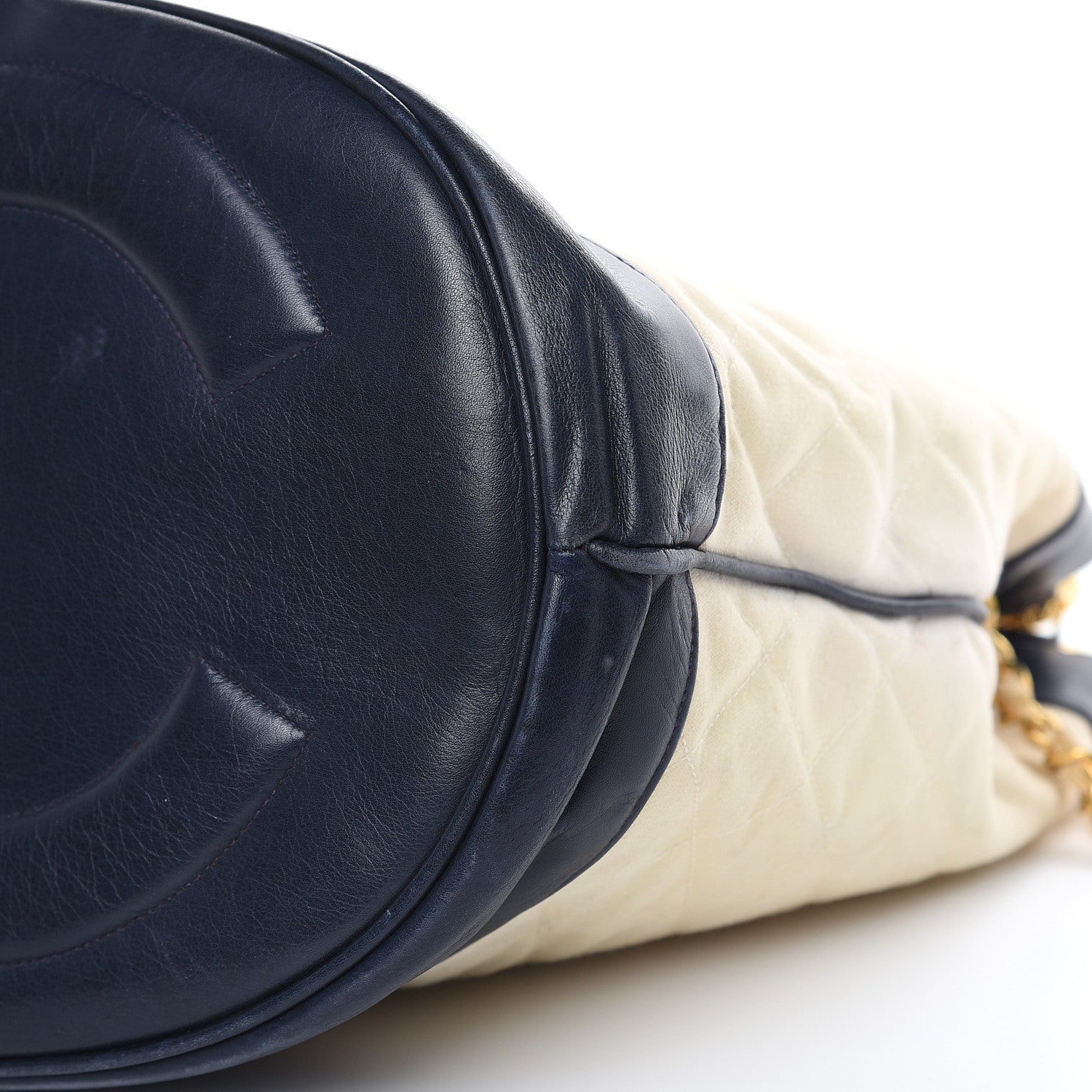 Chanel Lambskin Canvas Quilted CC Drawstring Shoulder Bag Beige Navy 9 of 15