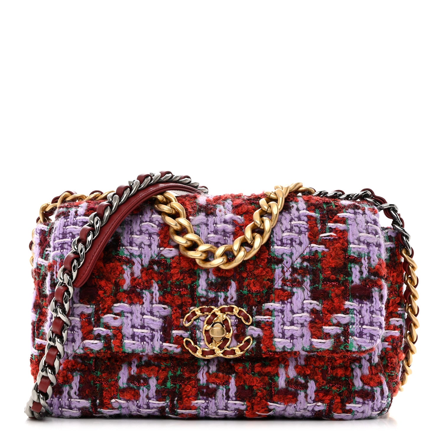 Chanel Tweed Quilted Medium Chanel 19 Flap Red Purple Green 1 of 10