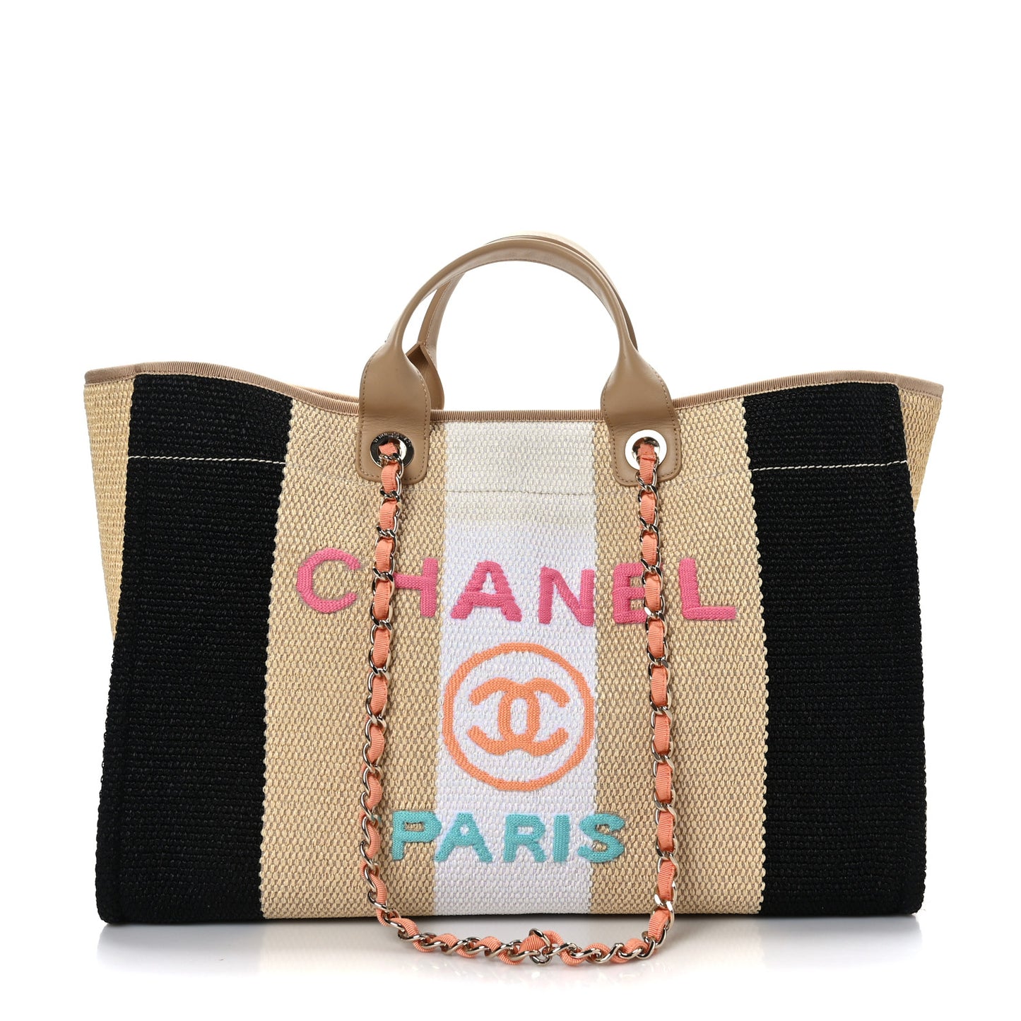 Straw Raffia Calfskin Striped Large Deauville Tote Black Beige Ivory