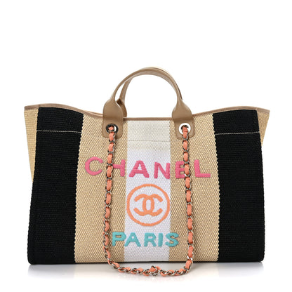Chanel Straw Raffia Calfskin Striped Large Deauville Tote Black Beige Ivory 1 of 9