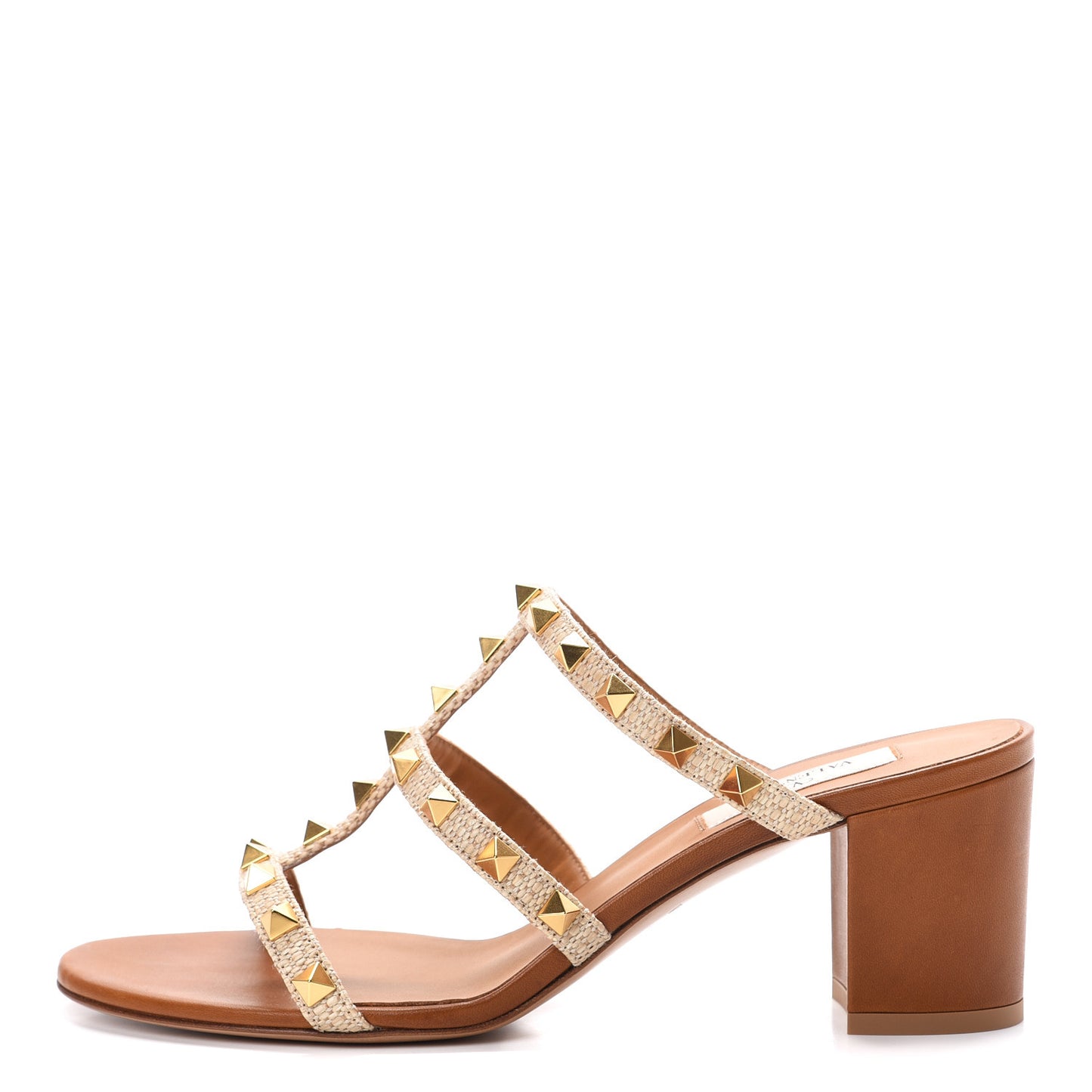 Raffia Calfskin Rockstud 60mm Caged Slide Sandals 38 Naturale