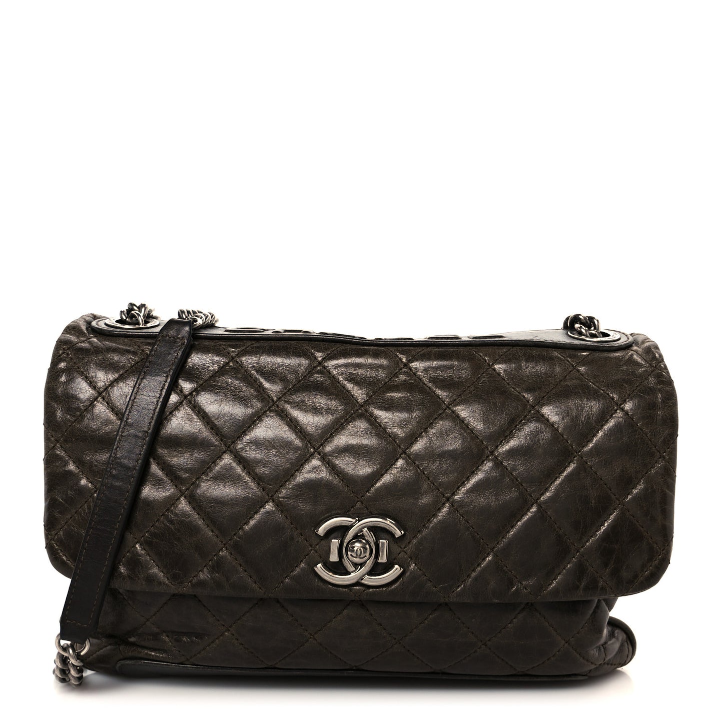 Aged Calfskin Quilted Accordion CC Flap Dark Brown