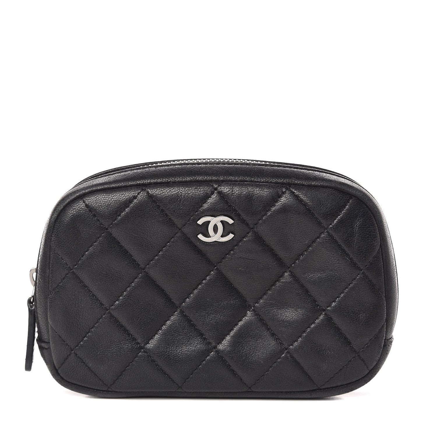 Lambskin Quilted Small Curvy Pouch Cosmetic Case Black