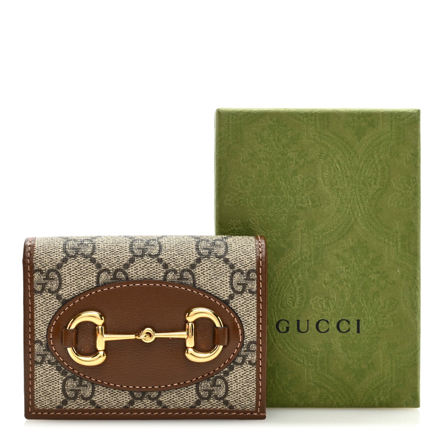 GG Supreme Monogram Horsebit 1955 Card Case Wallet Beige Ebony Brown Sugar