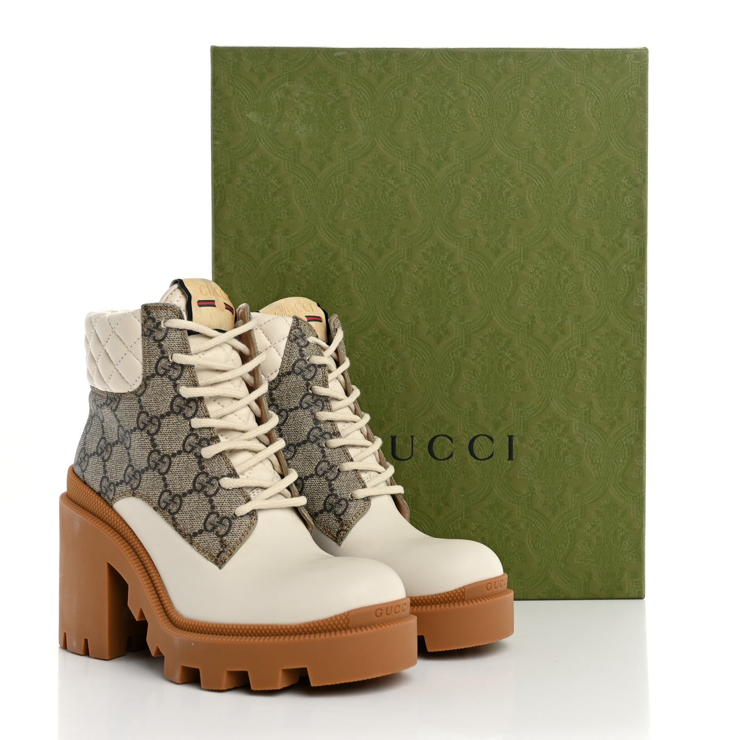Calfskin GG Supreme Monogram Nappa Quilted Lace Up Ankle Boots 35 Mystic White Beige