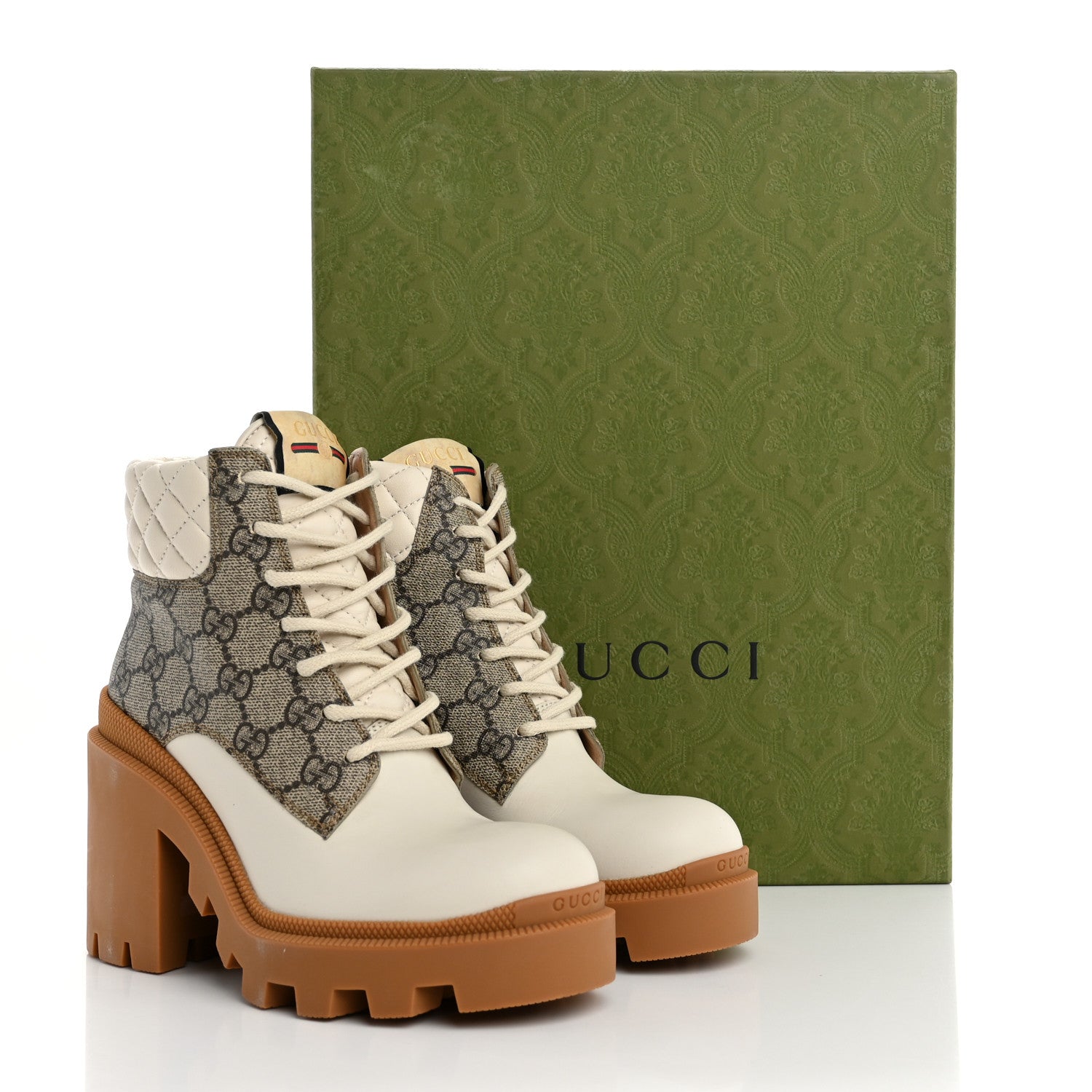 Gucci Calfskin GG Supreme Monogram Nappa Quilted Lace Up Ankle Boots 35 Mystic White Beige 10 of 10