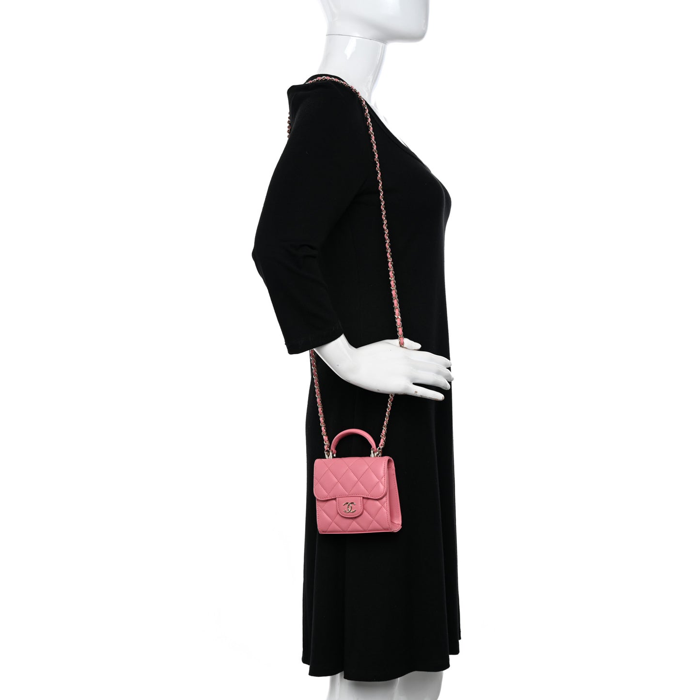 Lambskin Quilted Top Handle Clutch With Chain Pink