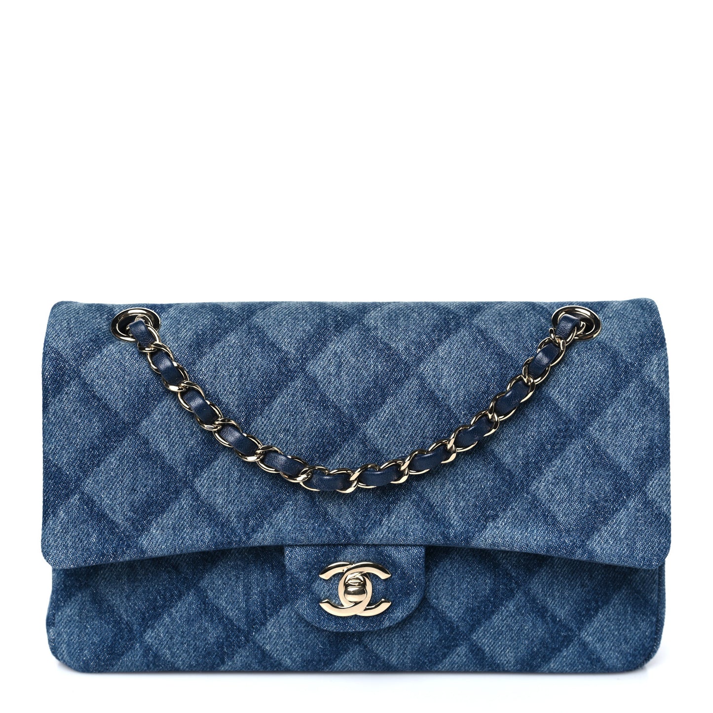 Printed Denim Quilted Medium Double Flap Dark Blue