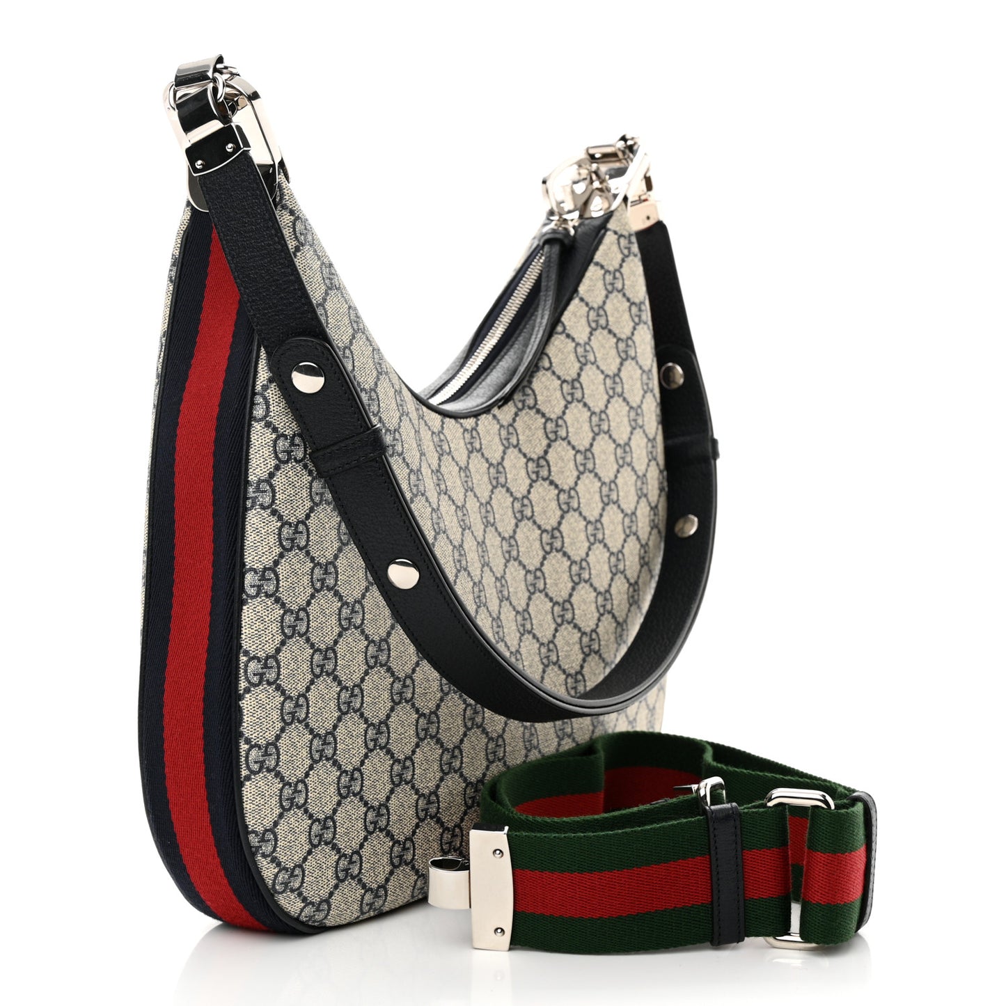 GG Supreme Monogram Textured Calfskin Web Large Attache Shoulder Bag Beige Blue