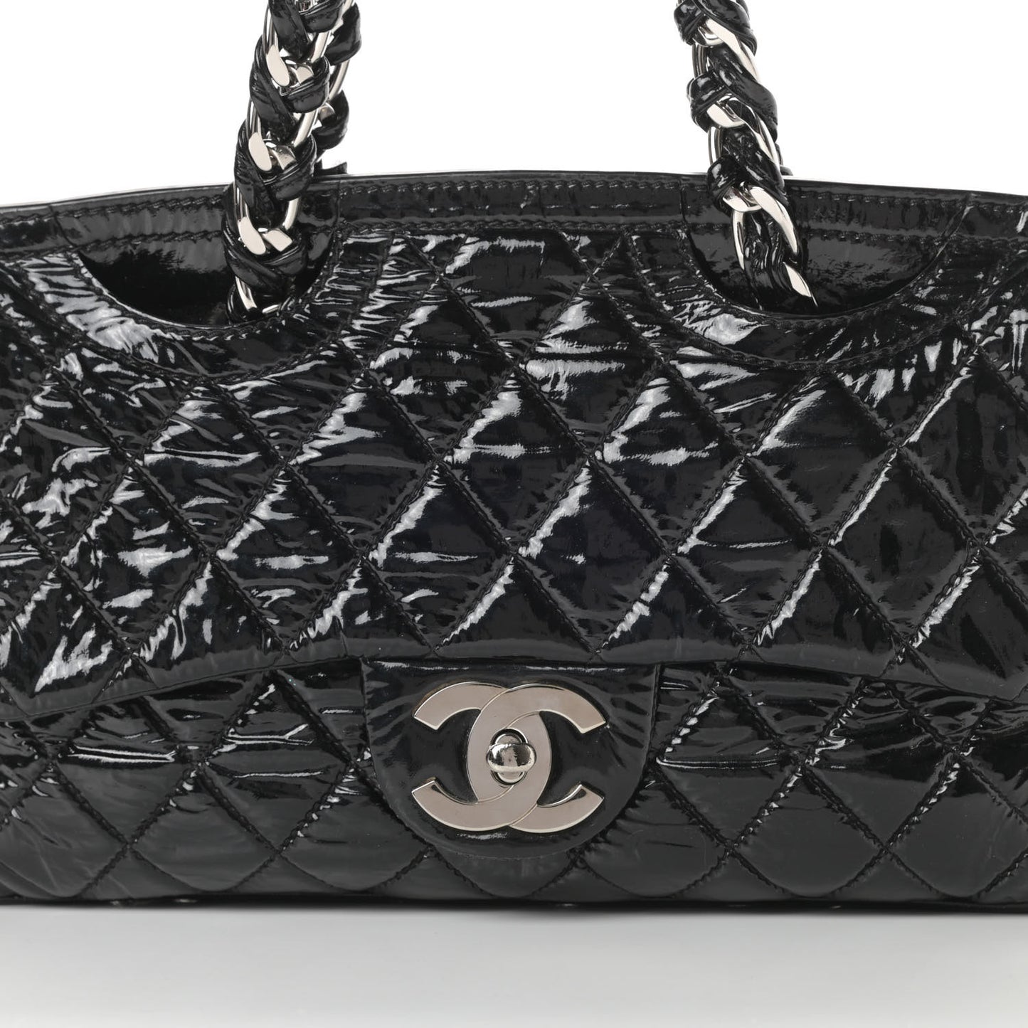 Patent Quilted Day Glo Flap Bag Black