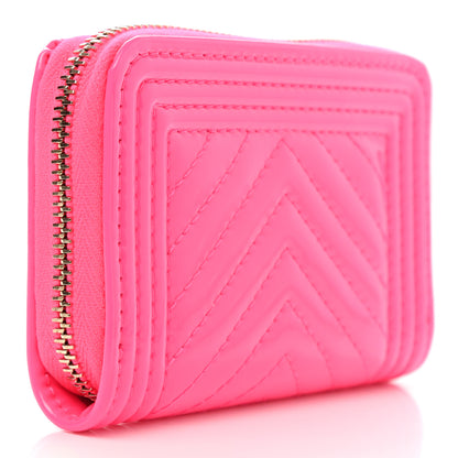 Chanel Patent Chevron Quilted Zip Around Boy Coin Purse Wallet Neon Pink 3 of 8