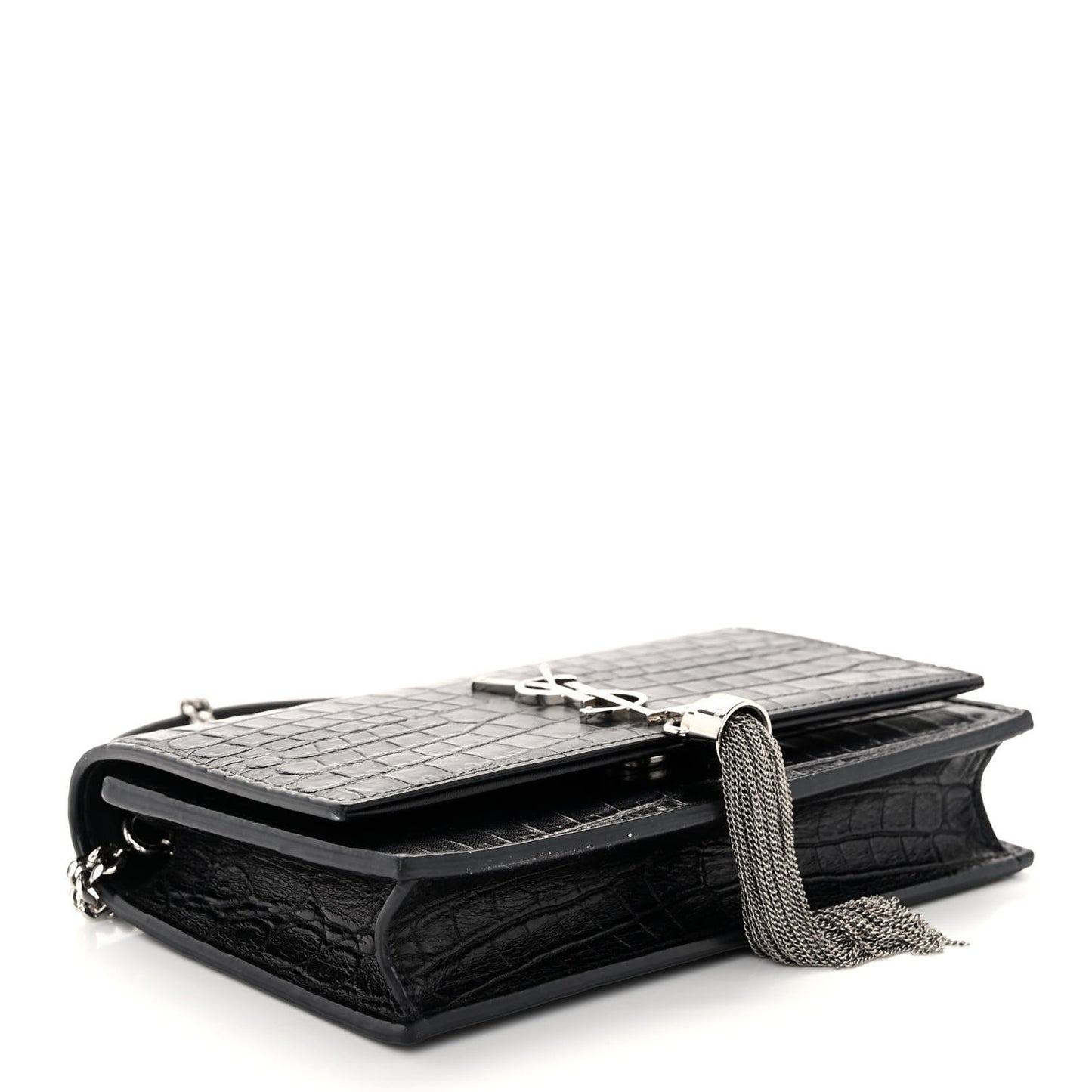 Calfskin Crocodile Embossed Kate Monogram Tassel Chain Wallet Black