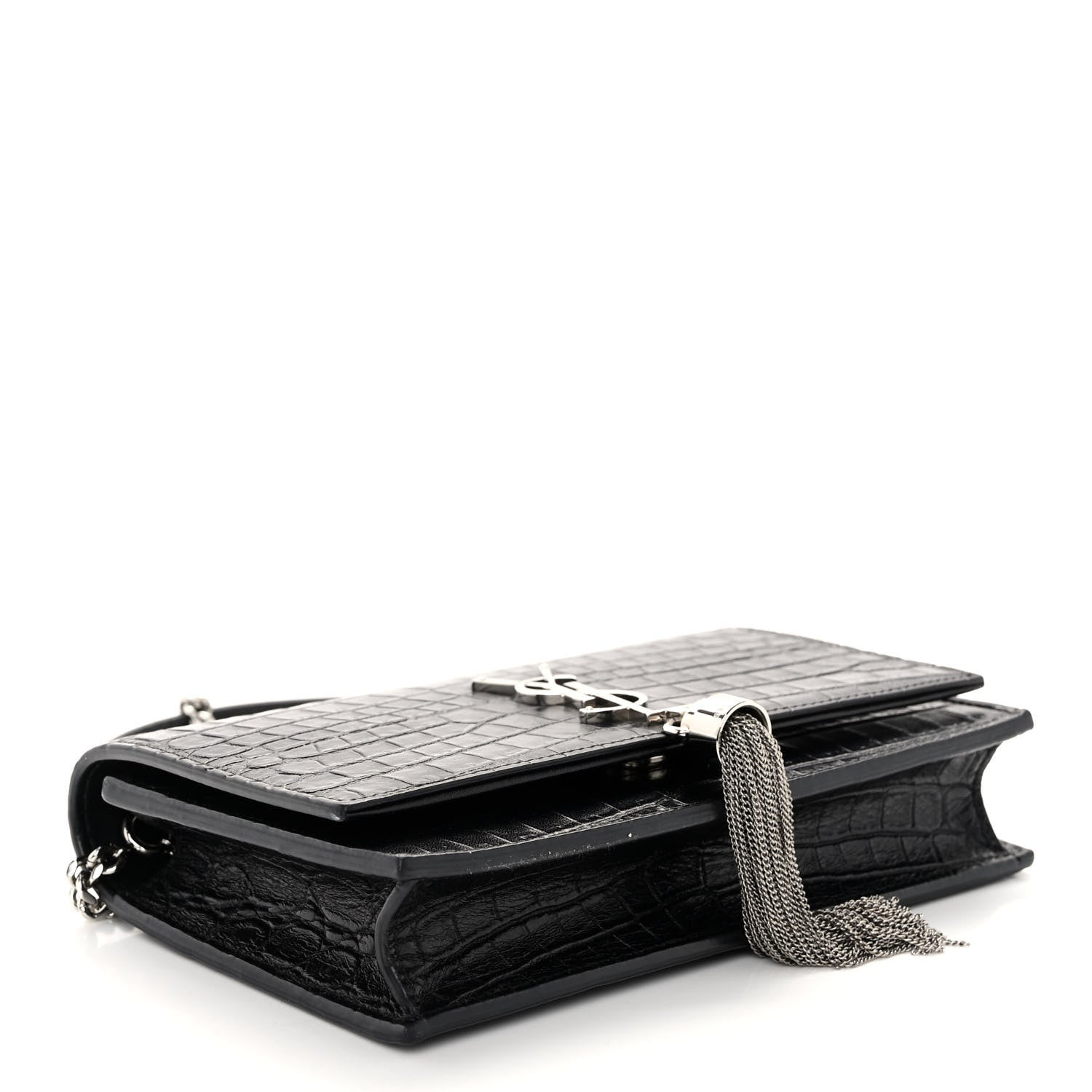 Saint Laurent Calfskin Crocodile Embossed Kate Monogram Tassel Chain Wallet Black 4 of 9
