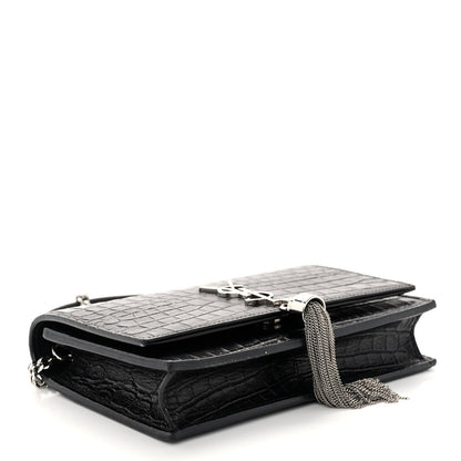 Saint Laurent Calfskin Crocodile Embossed Kate Monogram Tassel Chain Wallet Black 4 of 9