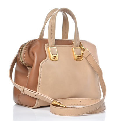Fendi Capra Vitello Dolce Marmol Colorblock Small Chameleon Tote Cipria Makeup Camel 3 of 16