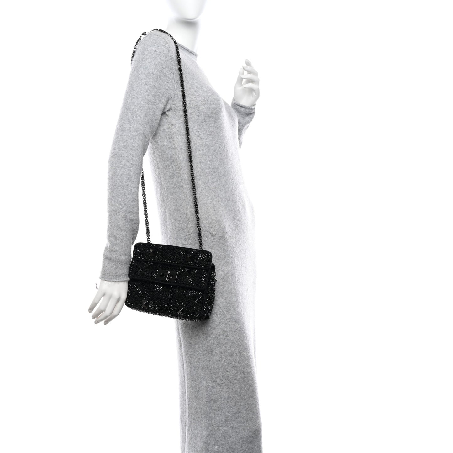 Crystal Suede Lacquer Monochrome Medium Roman Stud Shoulder Bag Black