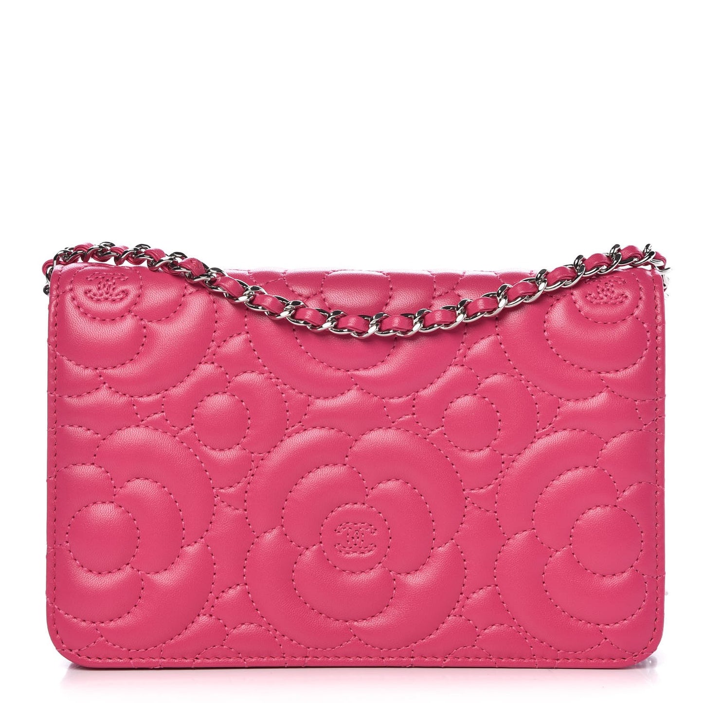 Lambskin Camellia Embossed Wallet on Chain WOC Fuchsia