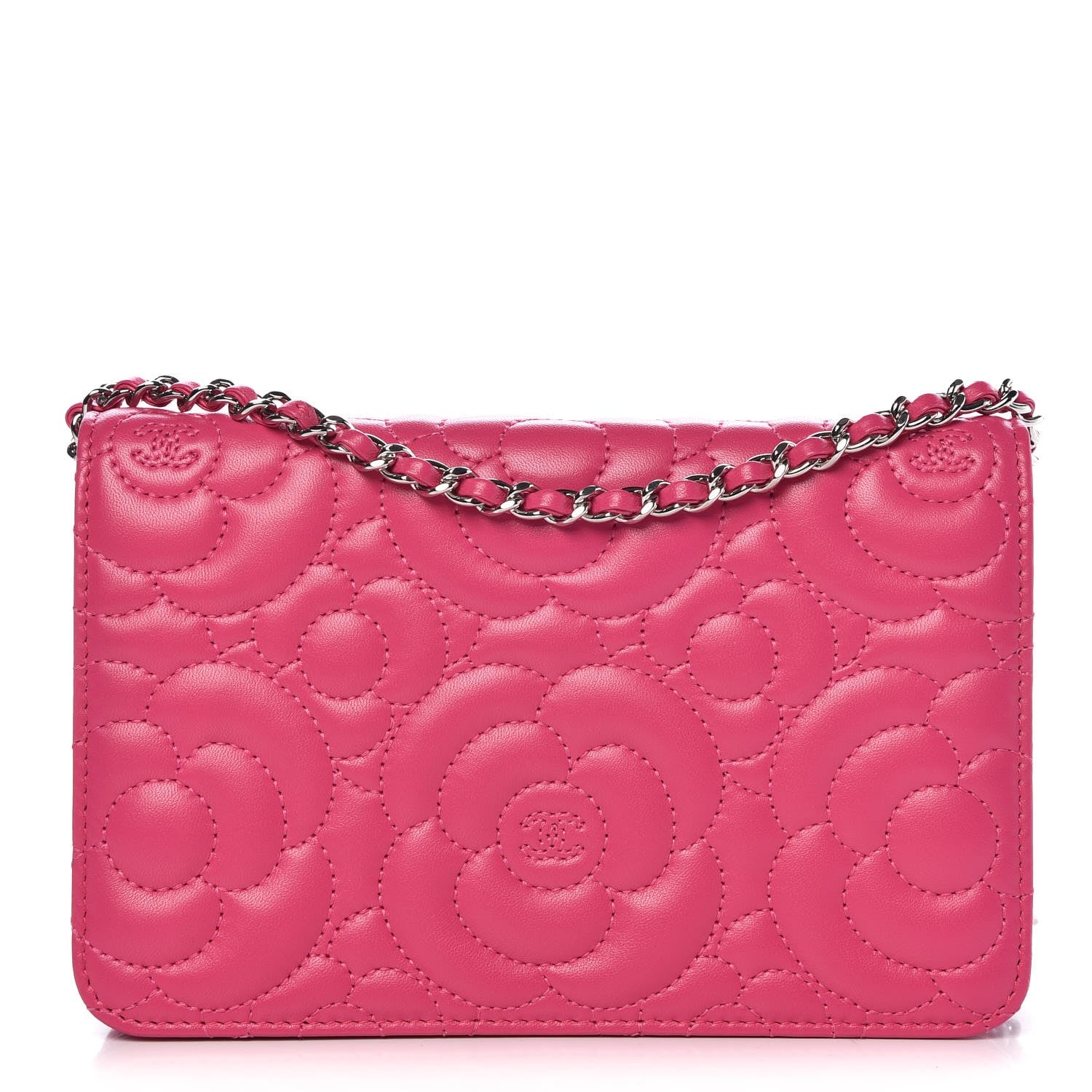 Chanel Lambskin Camellia Embossed Wallet on Chain WOC Fuchsia 1 of 9