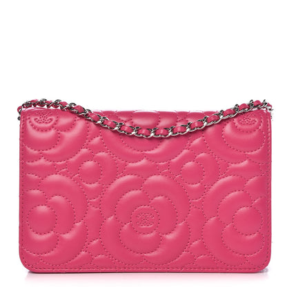 Chanel Lambskin Camellia Embossed Wallet on Chain WOC Fuchsia 1 of 9