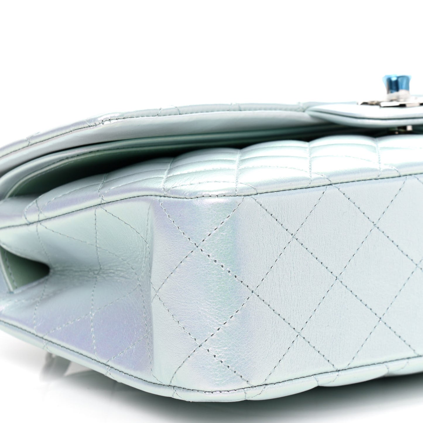 Iridescent Calfskin Quilted Medium Double Flap Light Blue