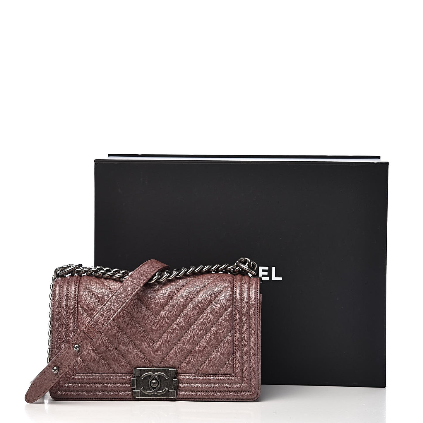 Metallic Caviar Chevron Quilted Medium Boy Flap Dark Pink
