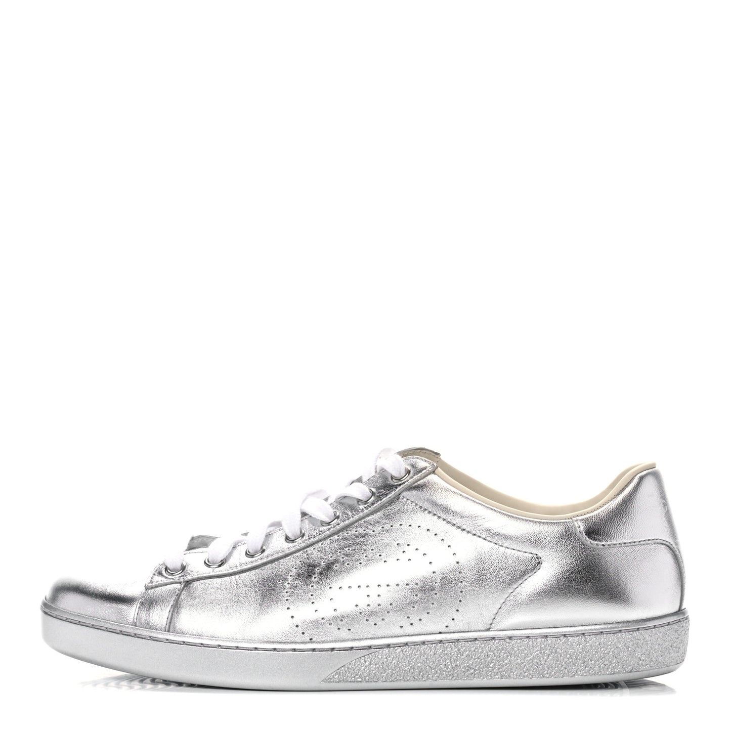 Metallic Nappa Interlocking G Perforated Womens Ace Sneakers 40.5 Silver
