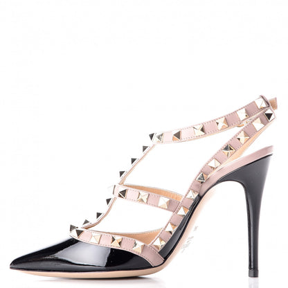 Valentino Garavani Patent Nappa Rockstud Ankle Strap 100mm Pumps 34.5 Black Poudre 1 of 8