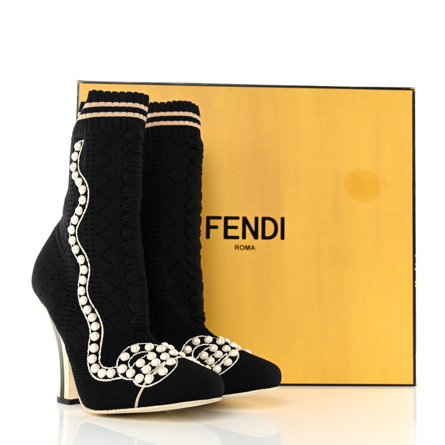 Fendi Stretch Fabric Pearl Embellished Openwork Rockoko 105mm Sock Boots 37.5 Black 8 of 8