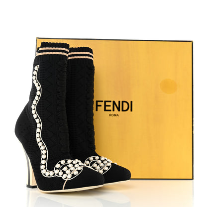 Fendi Stretch Fabric Pearl Embellished Openwork Rockoko 105mm Sock Boots 37.5 Black 8 of 8