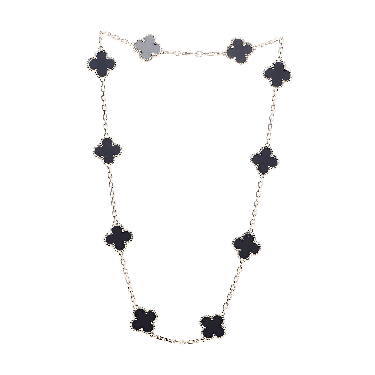 18K Yellow Gold Black Onyx 10 Motifs Vintage Alhambra Necklace