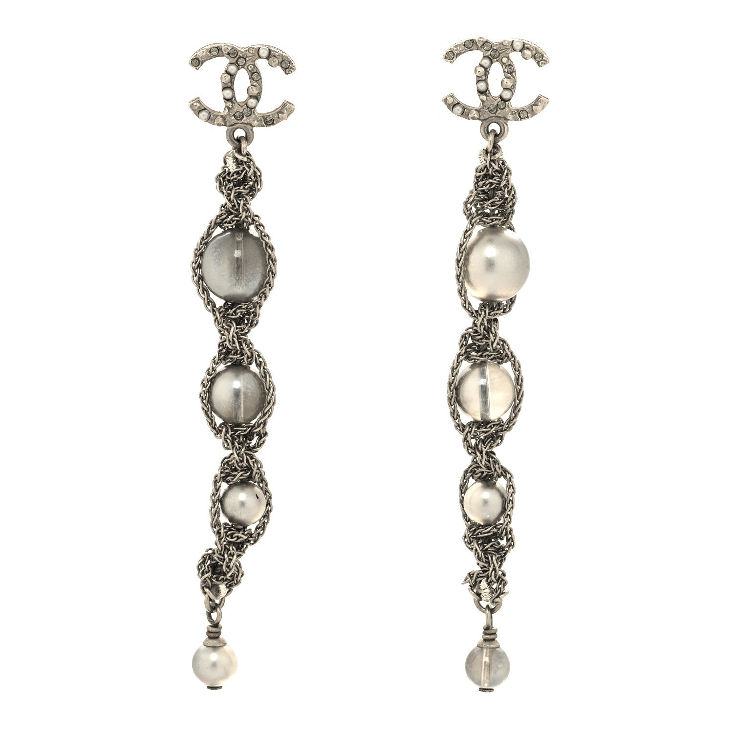 Chanel Pearl Crystal CC Chain Drop Earrings Silver 1 of 4