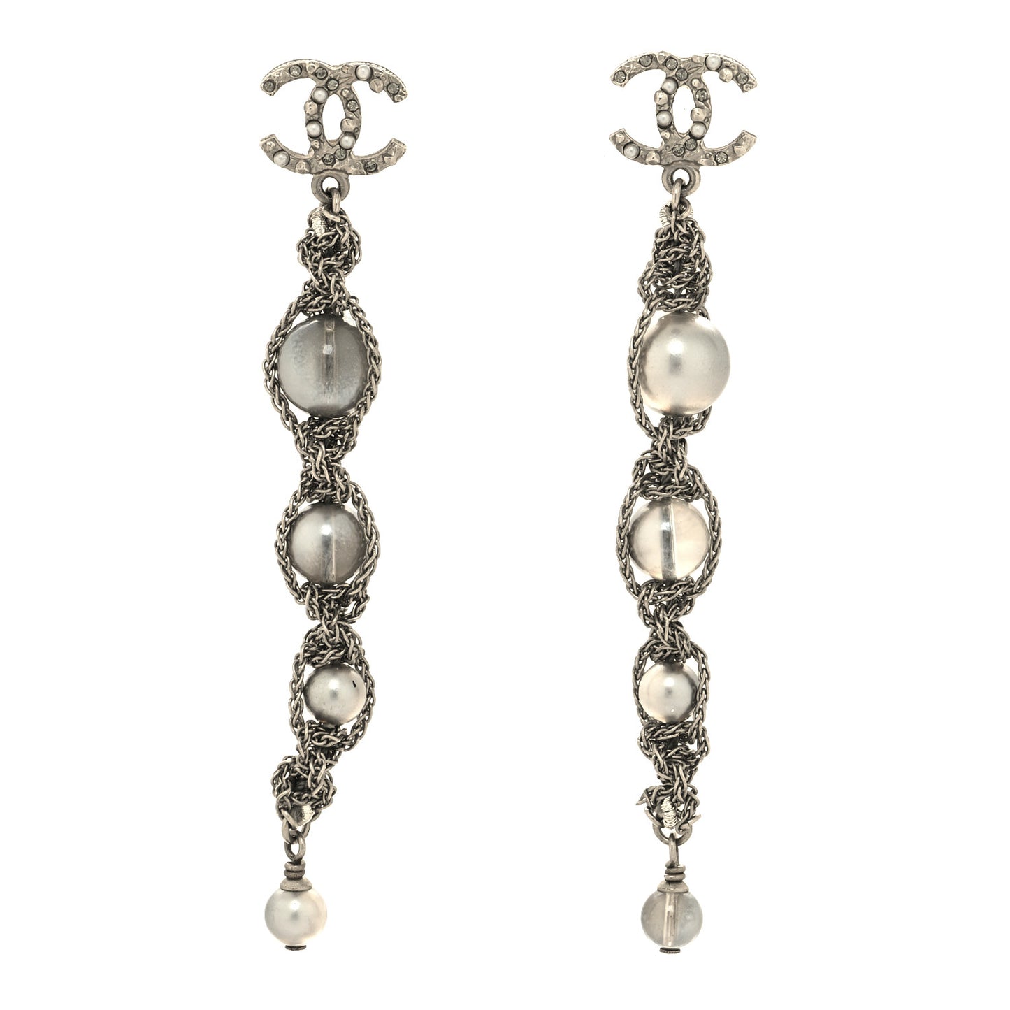 Pearl Crystal CC Chain Drop Earrings Silver