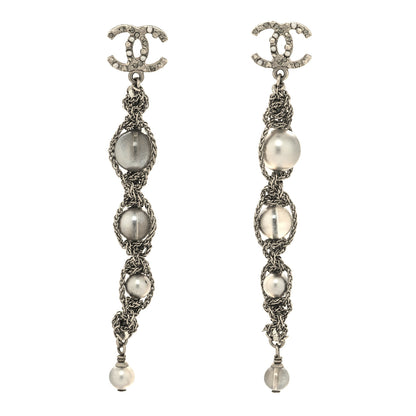 Chanel Pearl Crystal CC Chain Drop Earrings Silver 1 of 4