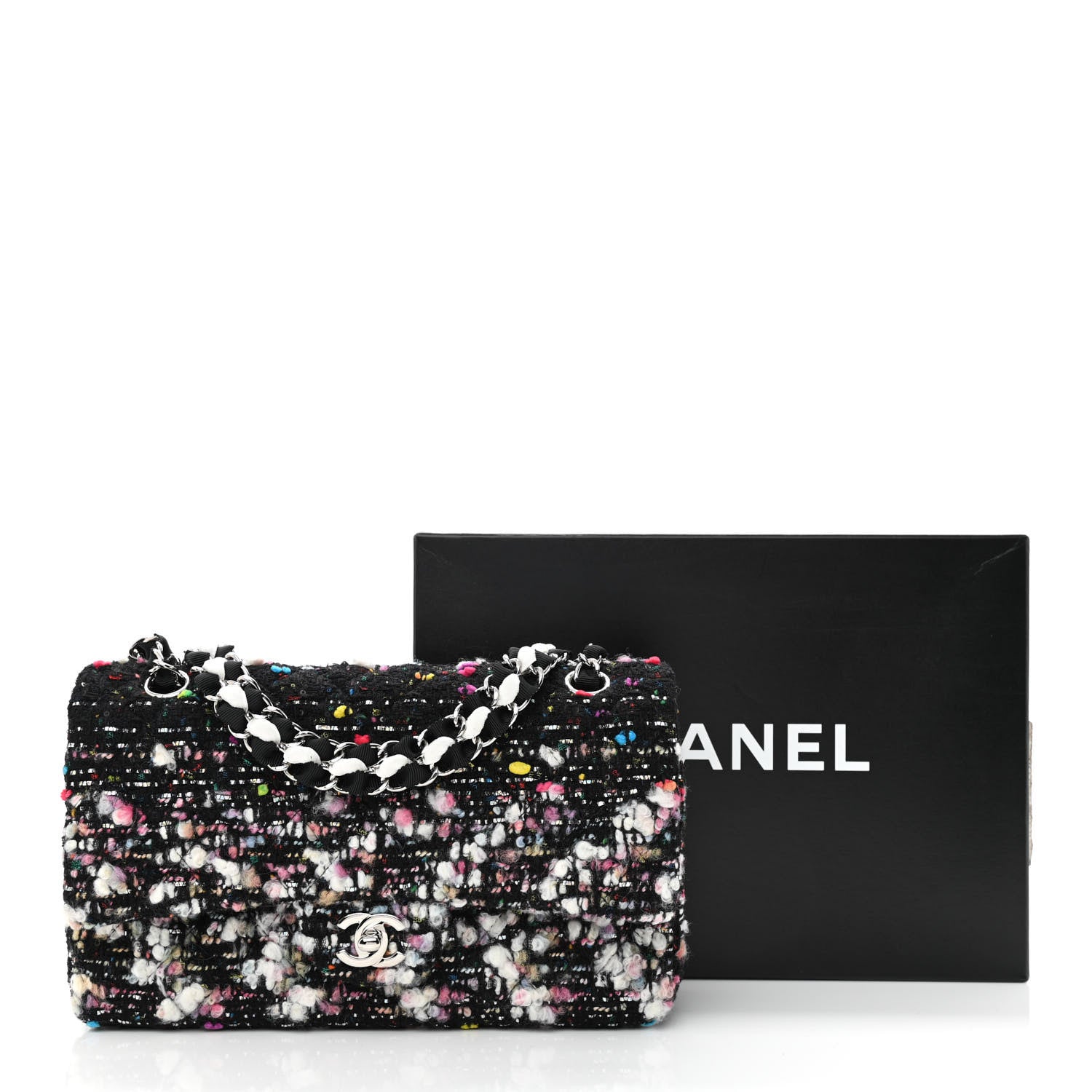 Chanel Tweed Quilted Medium Double Flap Black White Yellow Pink 10 of 10