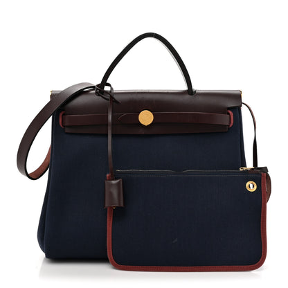 Hermes Toile Militaire Vache Hunter Herbag Zip Retourne 31 PM Rouge Sellier Bleu Marine 3 of 17