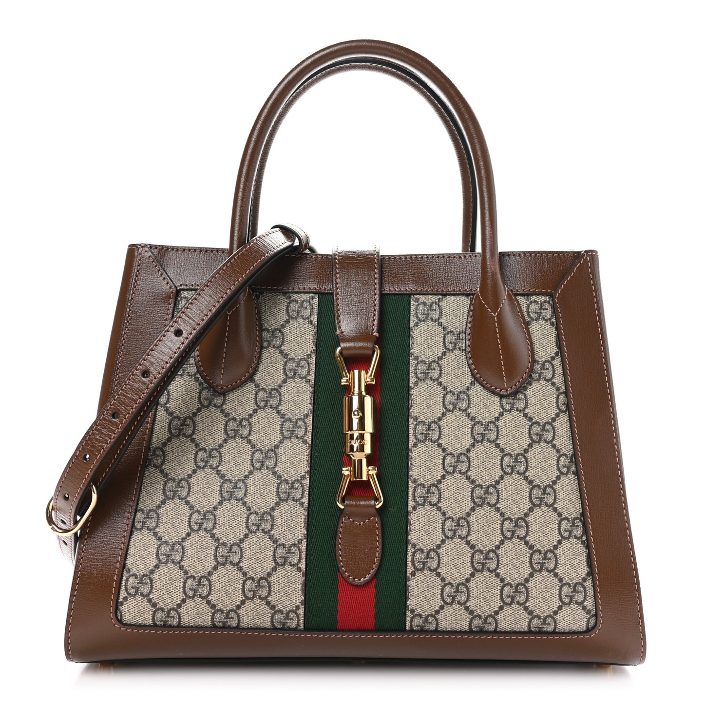 GG Supreme Monogram Azalea Calfskin Web Medium Jackie 1961 Tote Beige Ebony Brown Sugar