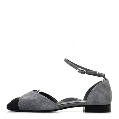 Chanel Suede Grosgrain Cap Toe CC Ankle Strap Sandals 40 Grey Black 1 of 6
