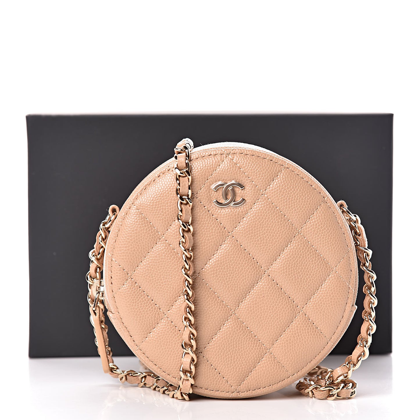 Caviar Quilted Round Clutch With Chain Beige