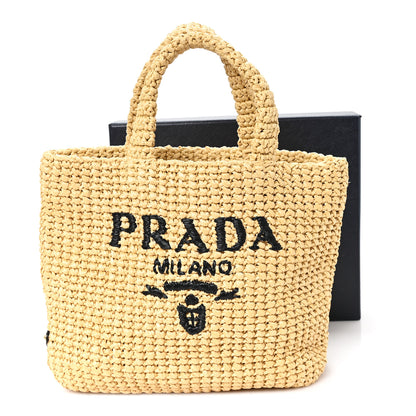 Prada Yarn Raffia Effect Crochet Embroidered Small Logo Tote Naturale 12 of 12