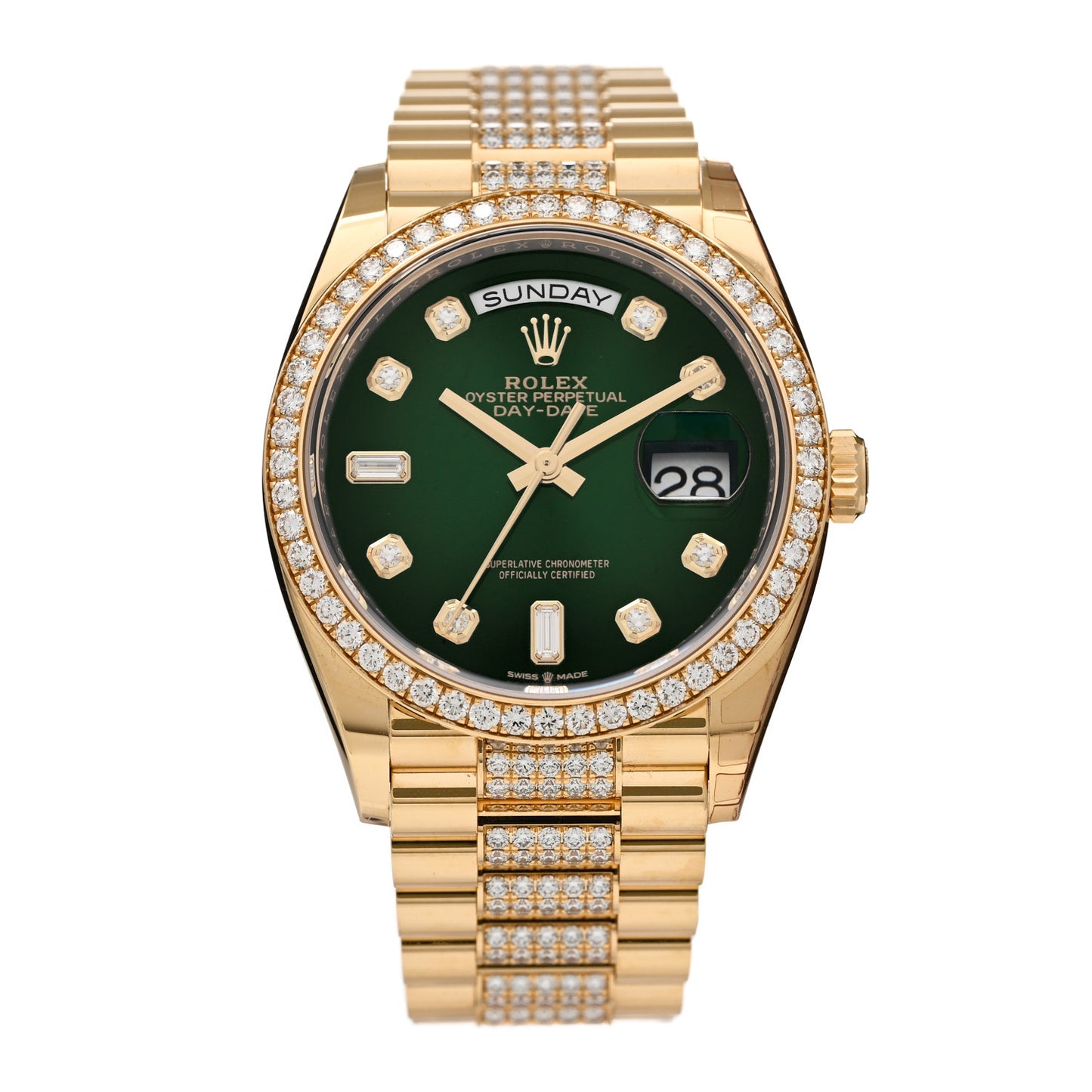 18K Yellow Gold Diamond Pave 36mm Oyster Perpetual Day-Date President Watch Green 128348RBR