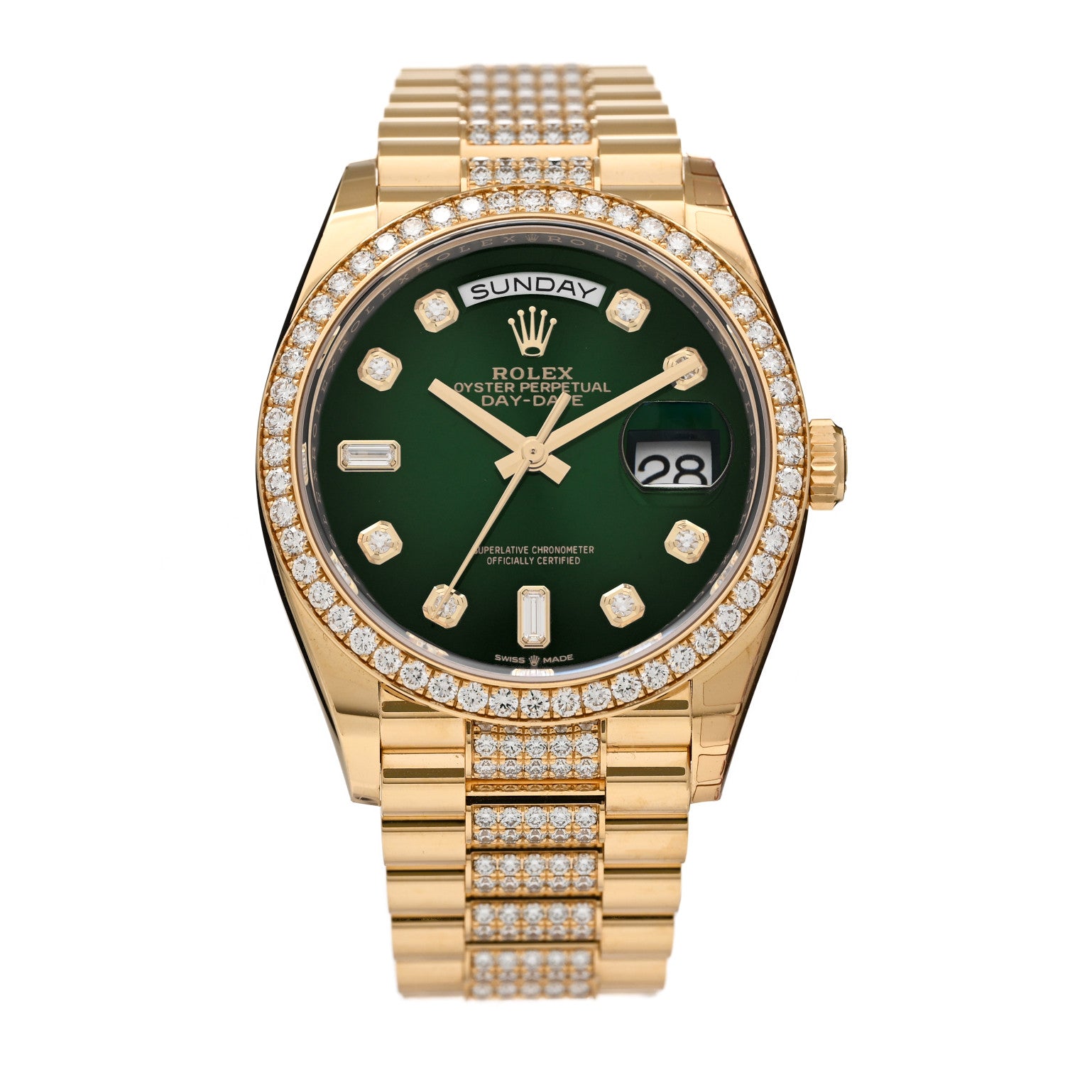 Rolex 18K Yellow Gold Diamond Pave 36mm Oyster Perpetual Day-Date President Watch Green 128348RBR 1 of 4
