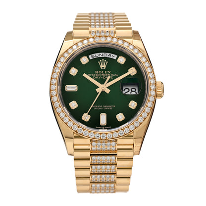 Rolex 18K Yellow Gold Diamond Pave 36mm Oyster Perpetual Day-Date President Watch Green 128348RBR 1 of 4