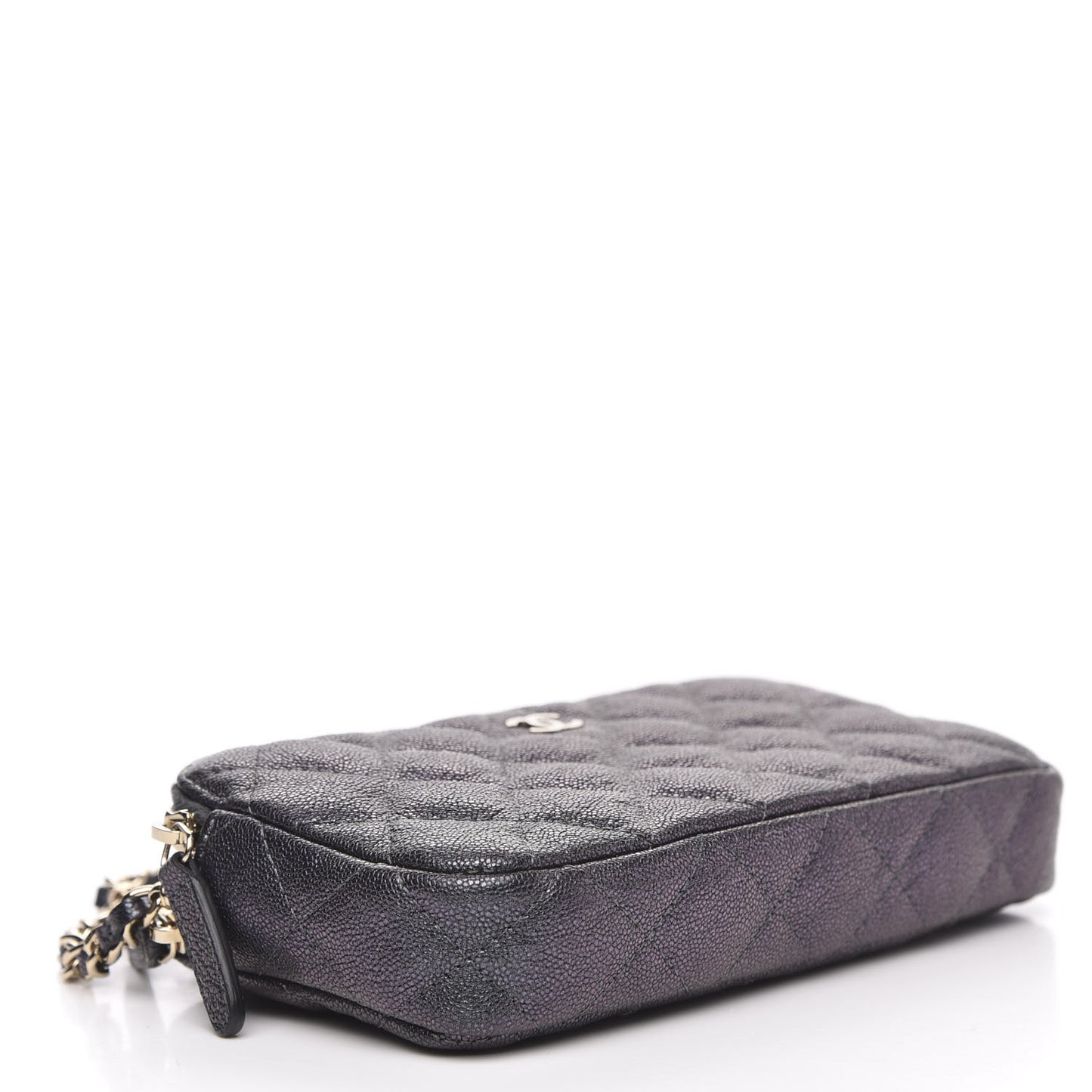 Iridescent Caviar Quilted Clutch With Chain Black