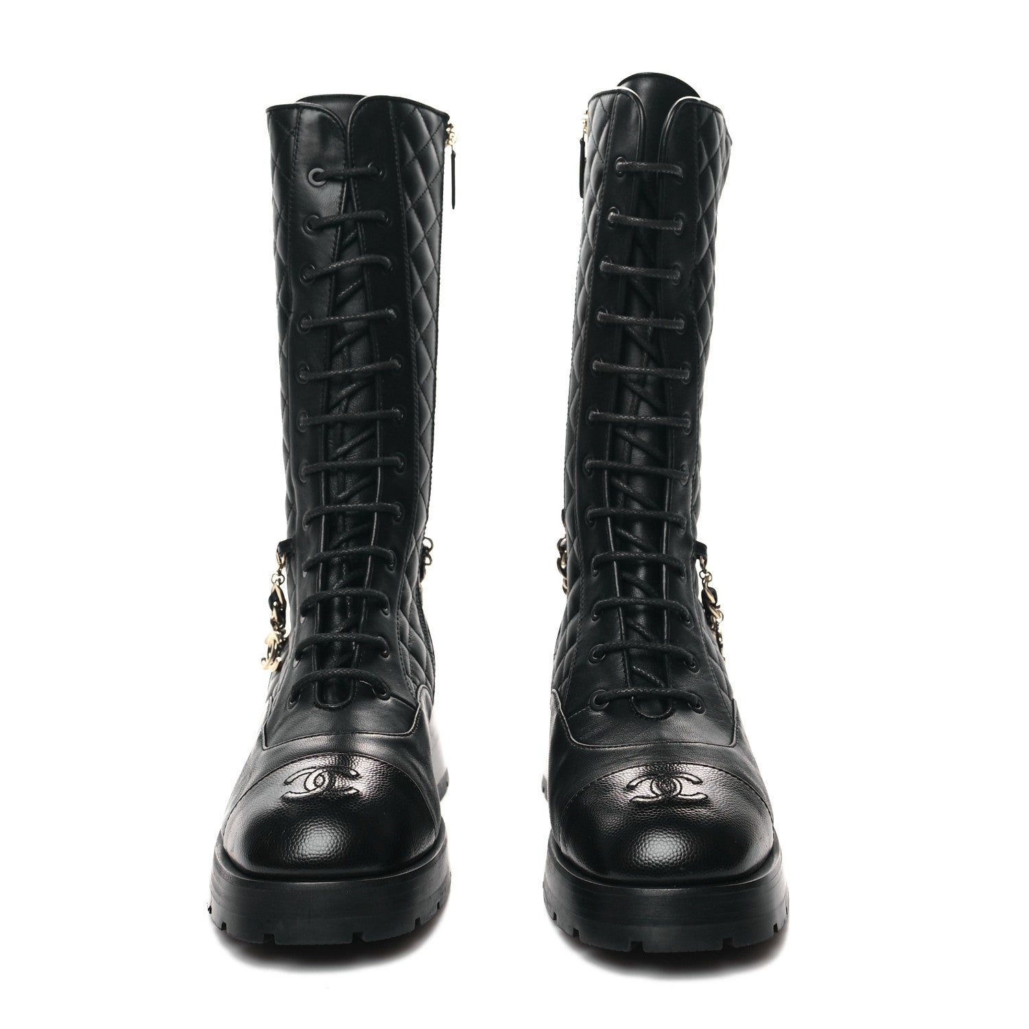 Chanel Shiny Calfskin Patent Quilted Chain Lace Up Combat Boots 39.5 Black 2 of 7
