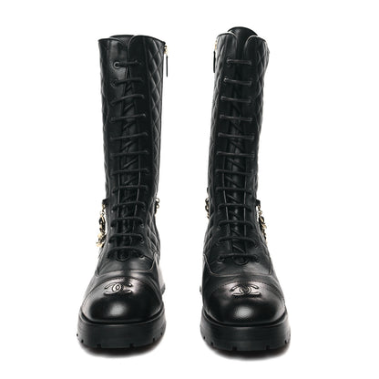 Chanel Shiny Calfskin Patent Quilted Chain Lace Up Combat Boots 39.5 Black 2 of 7