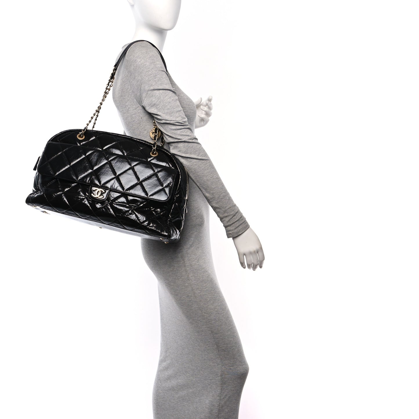Shiny Crumpled Calfskin Quilted Maxi Bowling Bag Black