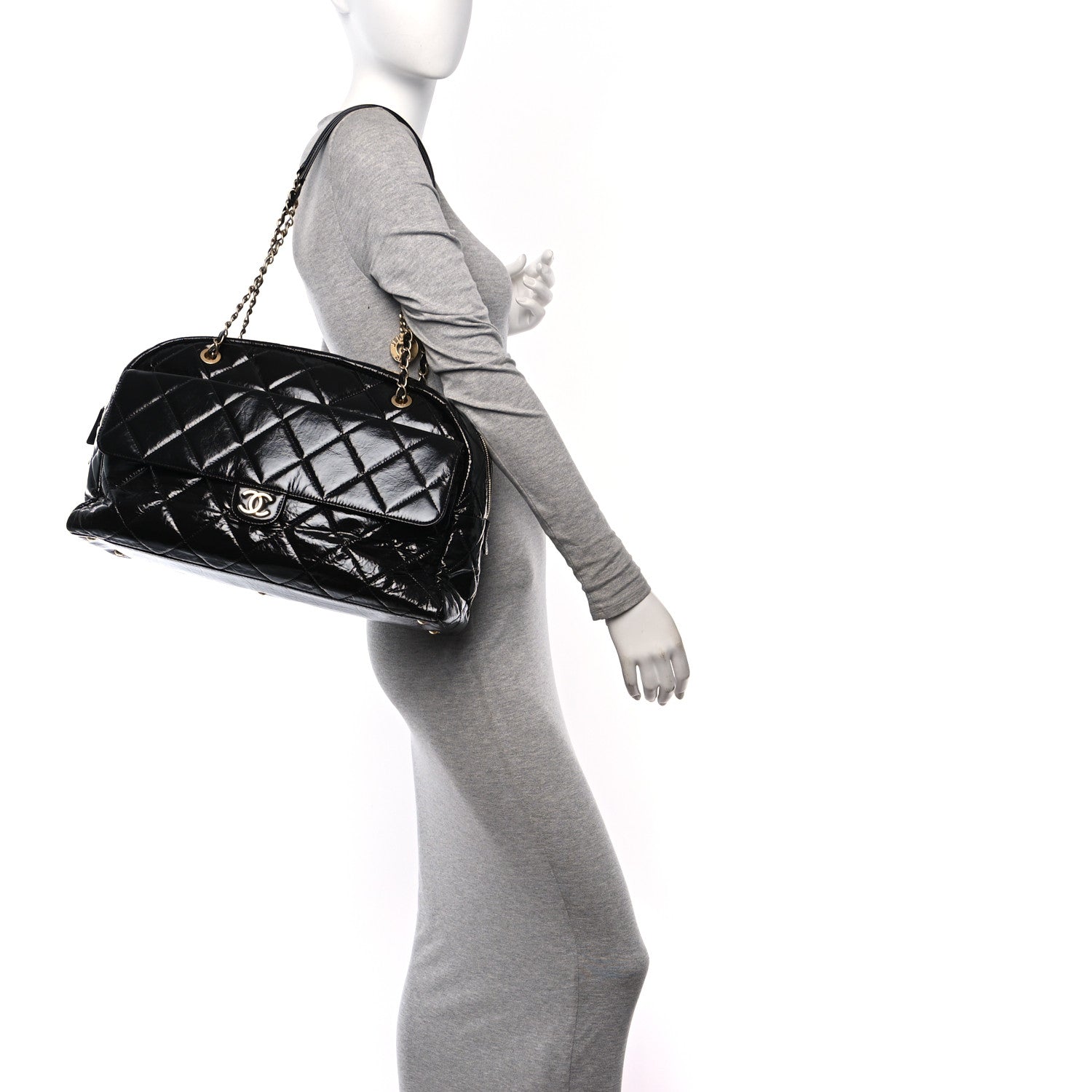 Chanel Shiny Crumpled Calfskin Quilted Maxi Bowling Bag Black 2 of 11