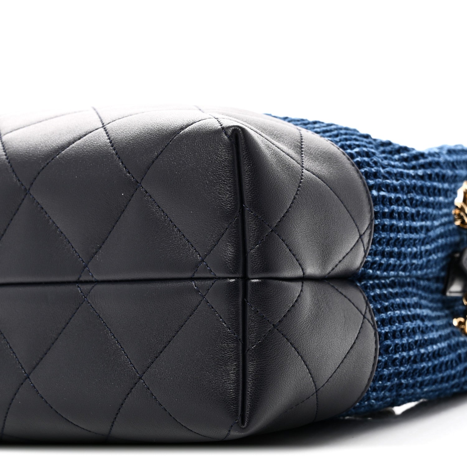 Chanel Tweed Shiny Lambskin Quilted Coco Base Small Shopping Bag Dark Blue 10 of 11