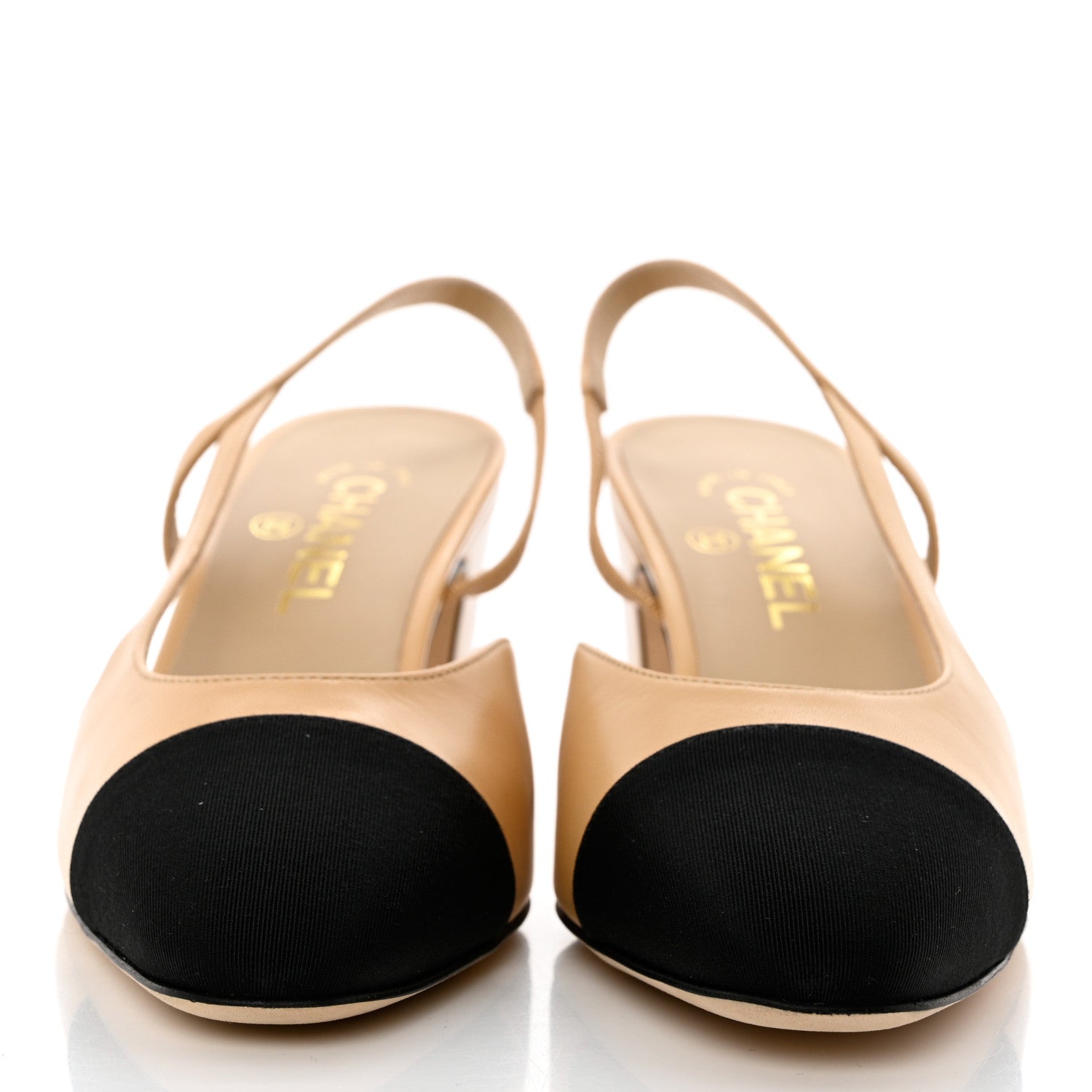 Chanel Goatskin Grosgrain Cap Toe CC Slingback Pumps 40 Beige Black 2 of 9