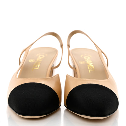 Chanel Goatskin Grosgrain Cap Toe CC Slingback Pumps 40 Beige Black 2 of 9